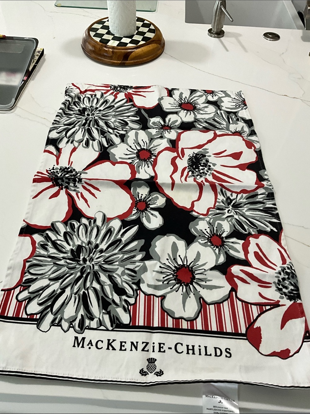 MacKenzie-Childs Floral Tea Towel in Black, White & Red